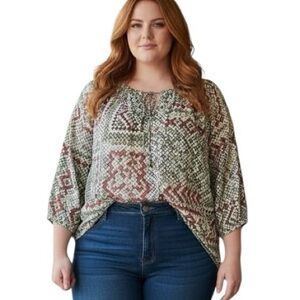 Alfred Dunner 18W Multicolor Peasant Round Neck Blouse Modest Office